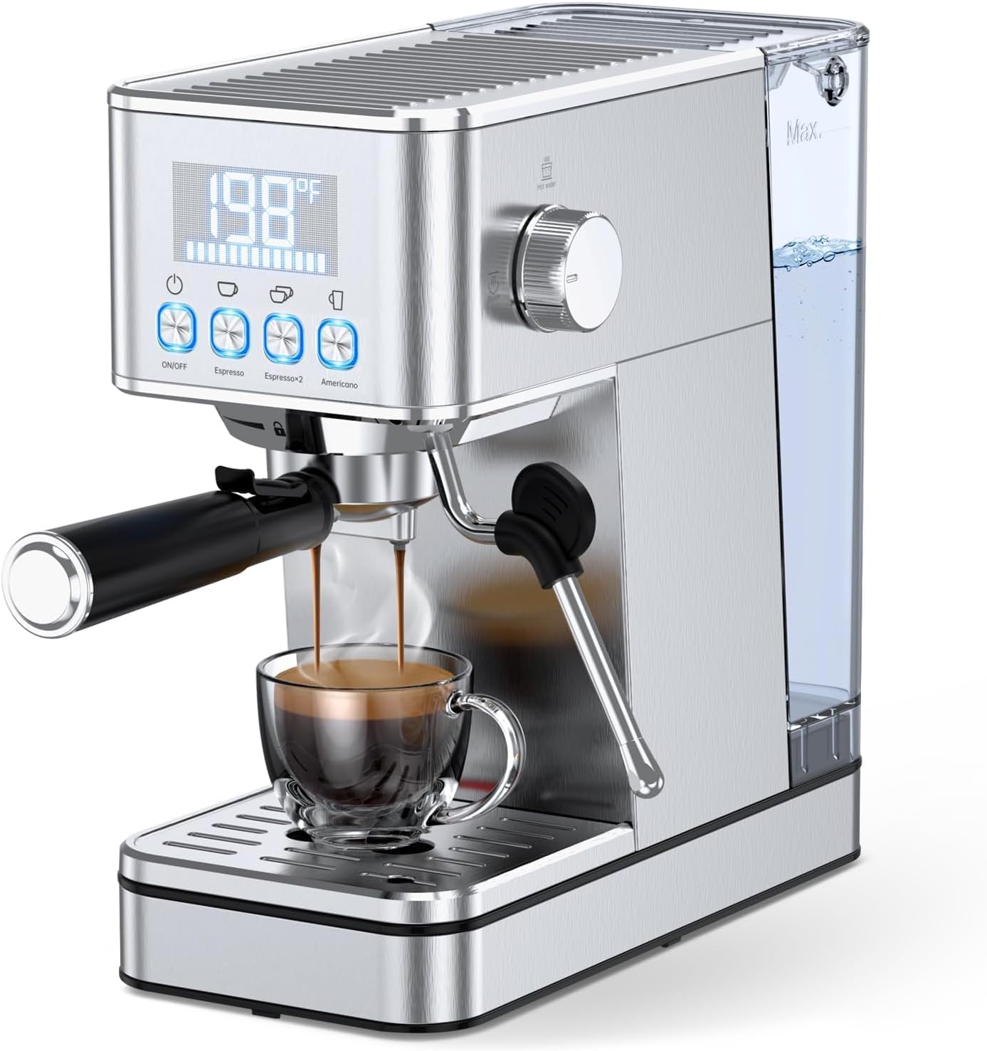 20-Bar Espresso Machine, Compact Stainless Steel Cold Brew Machine, Equipped with a Milk Frother & Steam Wand, 57.5OZ Removable Water Tank, Custom Time, Silver, for Home Use