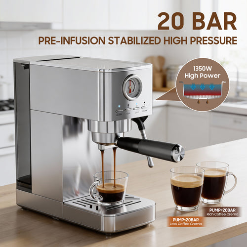 Espresso Machine, 20 Bar Visible High Pressure Gauge, 47 OZ Water Tank with Milk Frorther Silver, Automatic Stainless Steel Espresso Maker, Gift for Coffee Machine Enthusiasts