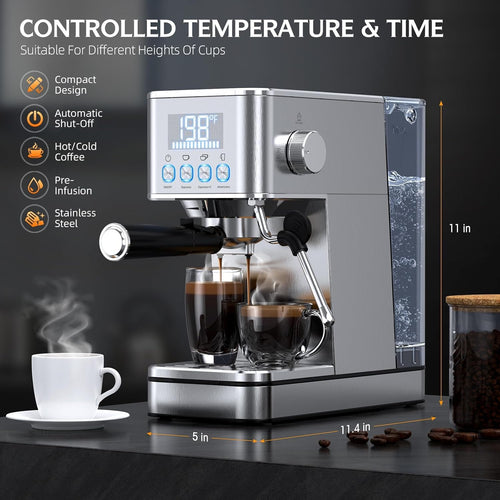 20-Bar Espresso Machine, Compact Stainless Steel Cold Brew Machine, Equipped with a Milk Frother & Steam Wand, 57.5OZ Removable Water Tank, Custom Time, Silver, for Home Use