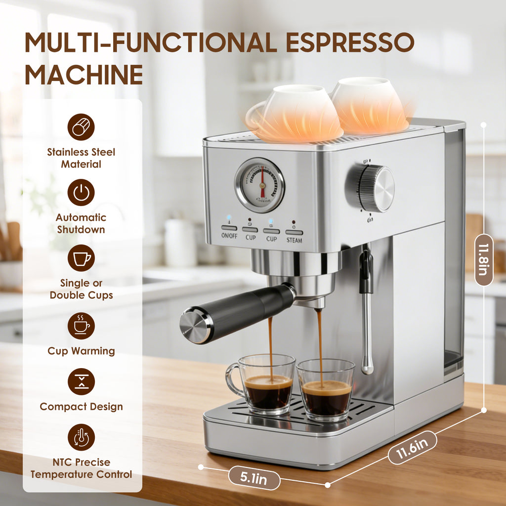 Espresso Machine, 20 Bar Visible High Pressure Gauge, 47 OZ Water Tank with Milk Frorther Silver, Automatic Stainless Steel Espresso Maker, Gift for Coffee Machine Enthusiasts