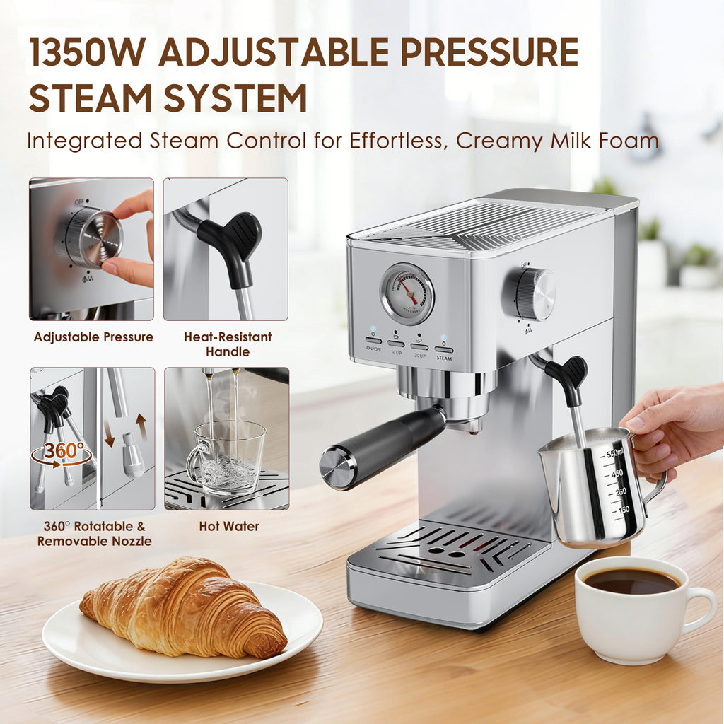 Espresso Machine, 20 Bar Visible High Pressure Gauge, 47 OZ Water Tank with Milk Frorther Silver, Automatic Stainless Steel Espresso Maker, Gift for Coffee Machine Enthusiasts