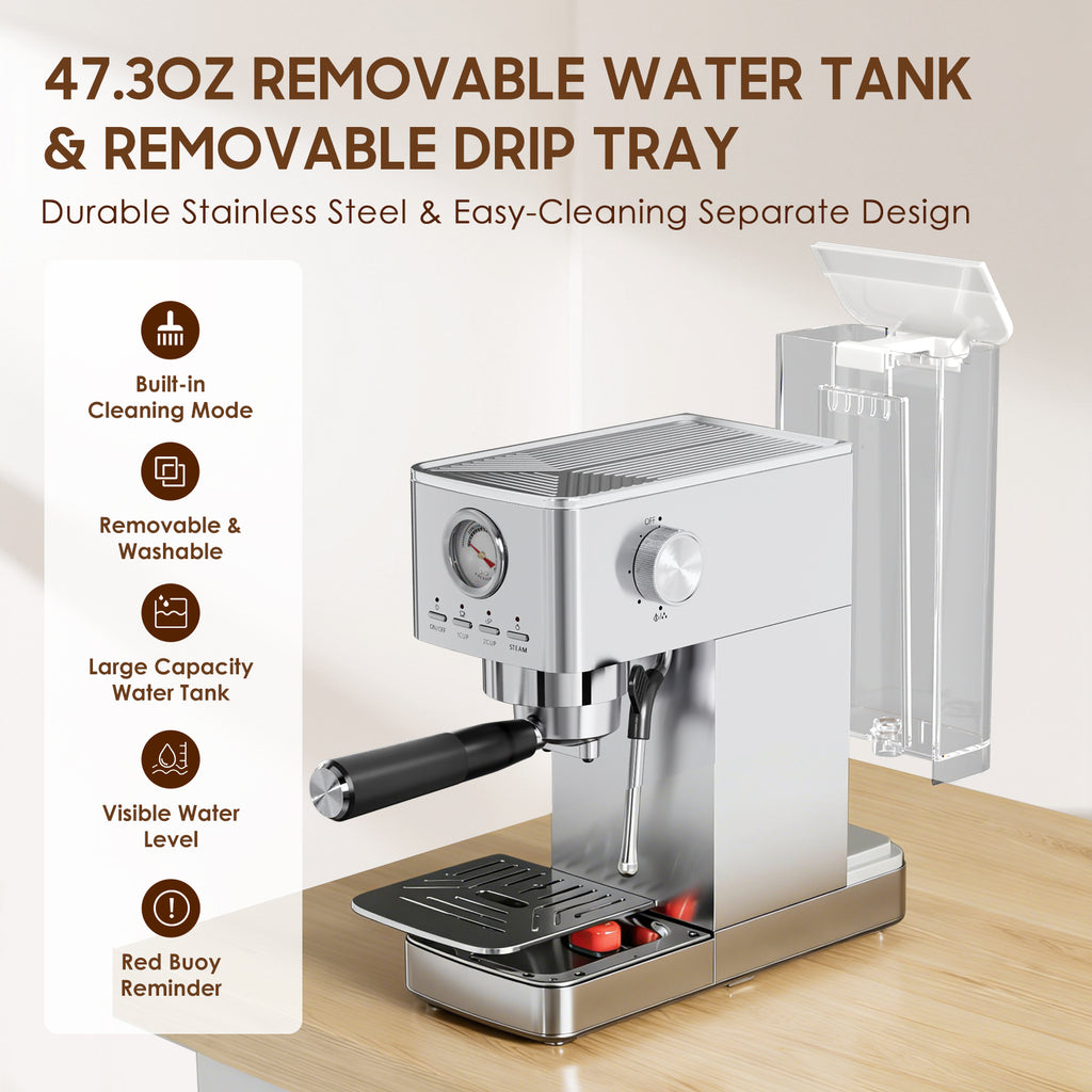 Espresso Machine, 20 Bar Visible High Pressure Gauge, 47 OZ Water Tank with Milk Frorther Silver, Automatic Stainless Steel Espresso Maker, Gift for Coffee Machine Enthusiasts