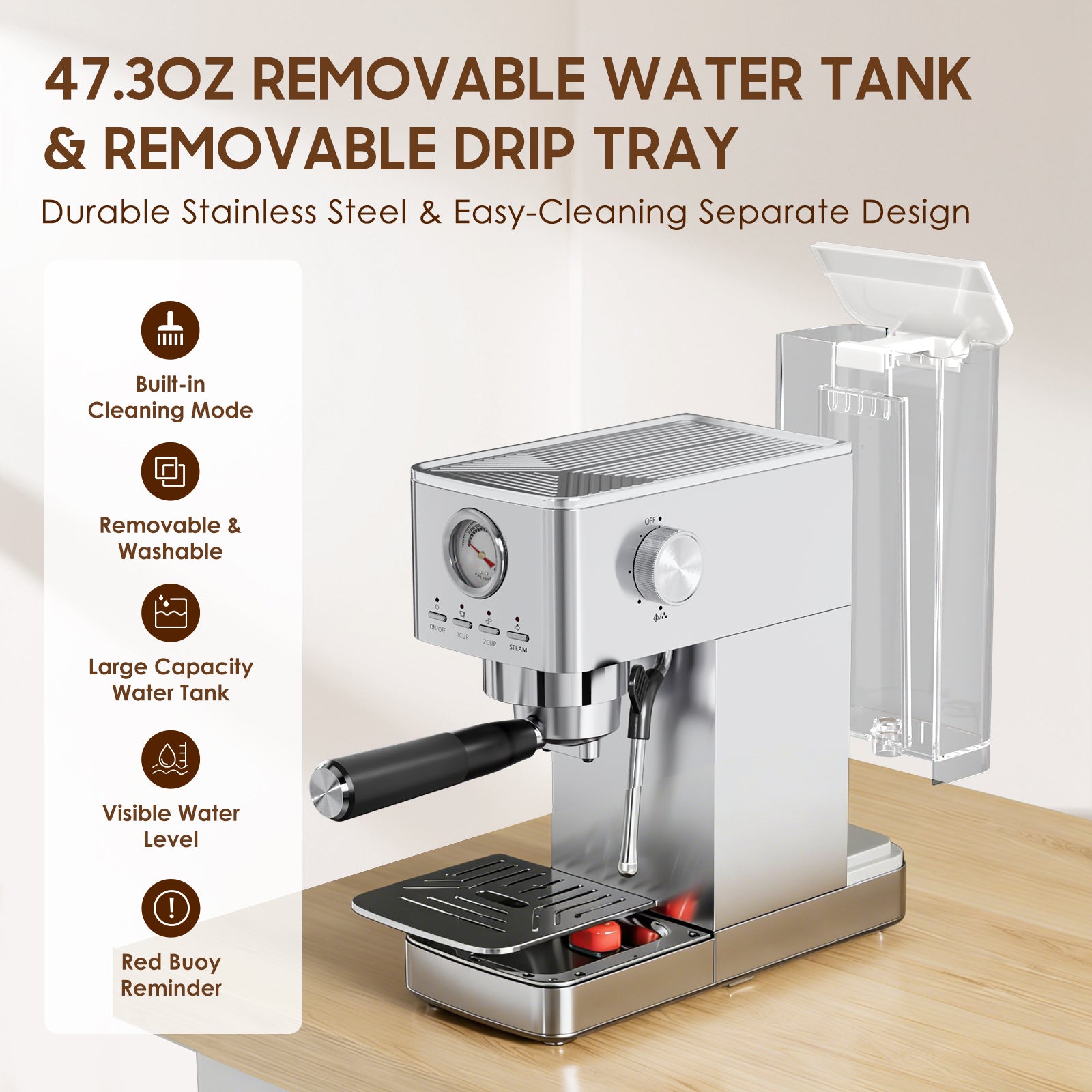 Espresso Machine, 20 Bar Visible High Pressure Gauge, 47 OZ Water Tank with Milk Frorther Silver, Automatic Stainless Steel Espresso Maker, Gift for Coffee Machine Enthusiasts